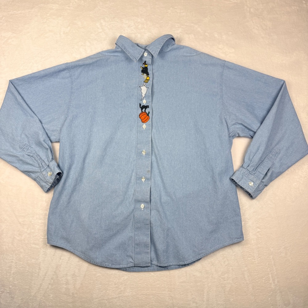 Talbots Chambray Denim‎ Button Up XL Halloween Shirt With Embroidered Details